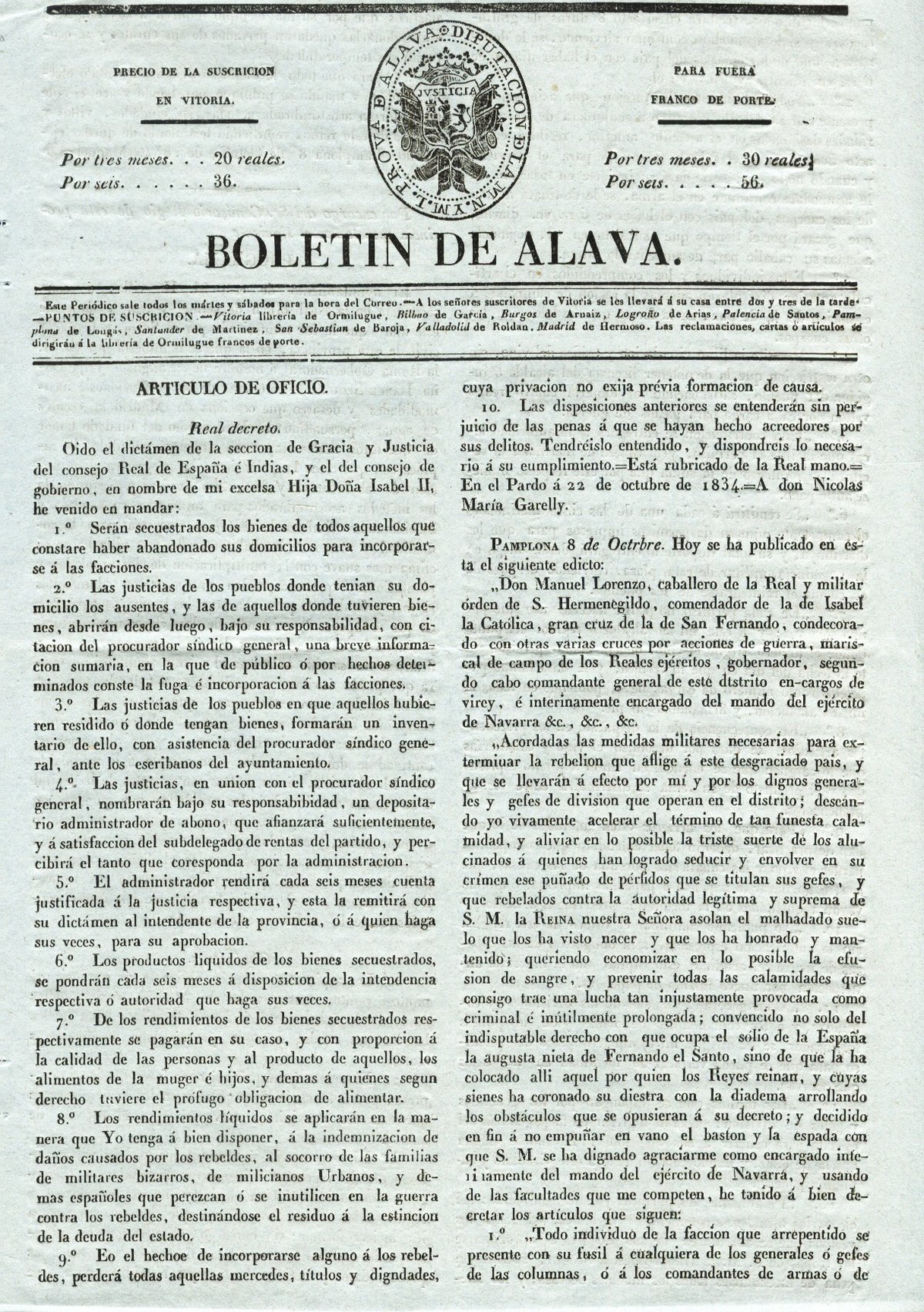 Historic royal decree from El Pardo dated October 22, 1834, published in Boletín de Álava November 4, 1834