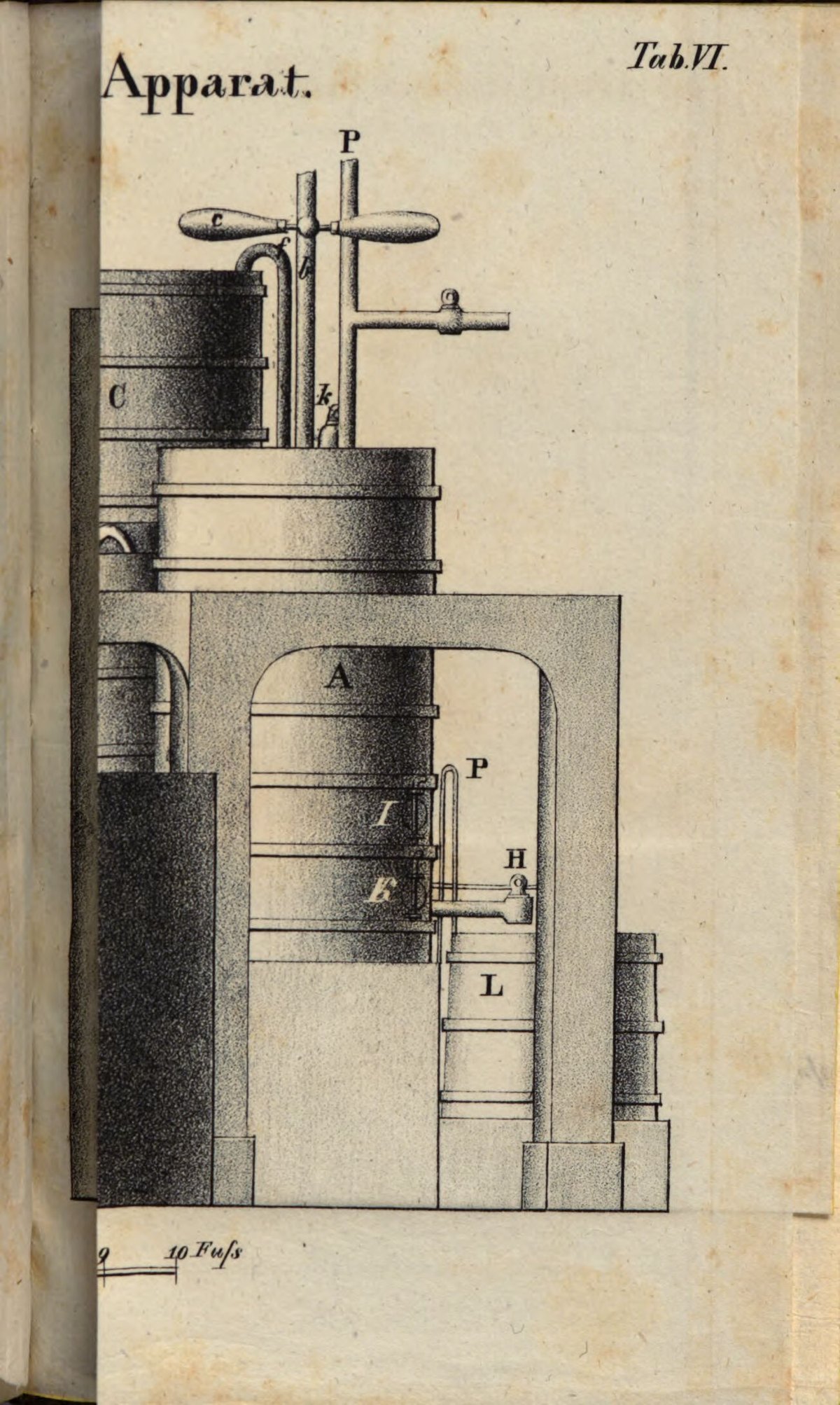 Illustration of an apparatus for operating a potato distillery with steam distillation invented by Franz Ernst Siemens in 1826