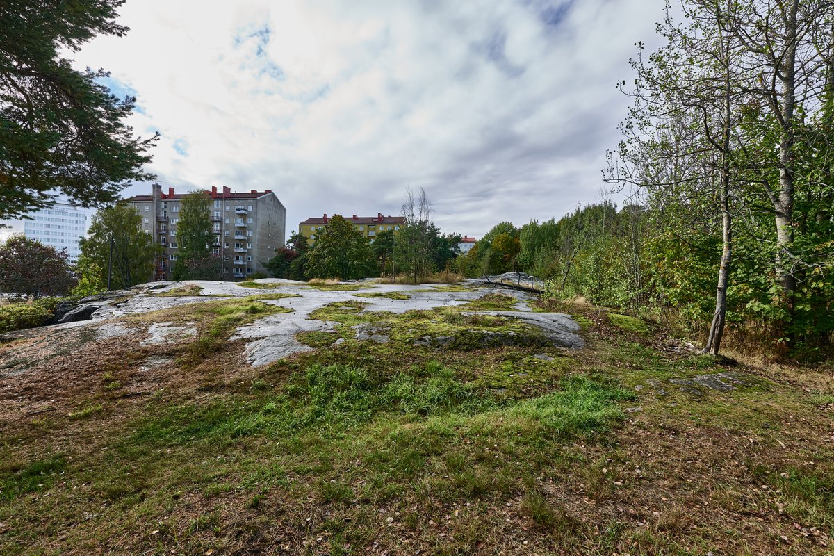 Aerial view of Helsingin keskuspuisto park in Laakso with green spaces and trees in early autumn