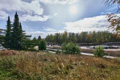 Scenic view of Helsingin Keskuspuisto park in Laakso with green trees and walking paths