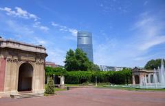 Scenic view of Parque de Doña Casilda Iturrízar with Torre Iberdrola skyscraper in Bilbao