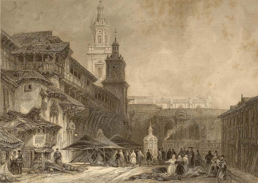 Historical view of Plaza de la Virgen Blanca in Vitoria-Gasteiz, Spain in 1833 with two prominent towers