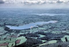 Aerial view of Blagdon Lake in foreground and Chew Valley Lake in background from light aircraft