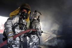 Firefighters extinguishing fire during live-burn training at Baghdad International Airport