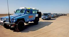 UN World Food Program armored vehicle leading UN convoy at Baghdad International Airport during Operation IRAQI FREEDOM