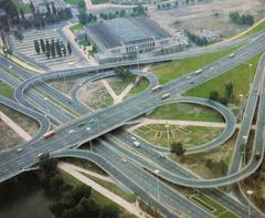 Aerial view of the Bezkolizyjny road interchange connecting Trasa Łazienkowska and Wisłostrada in Warsaw, Poland from the 1970s