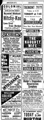 Advertisement for multiple theatres in Boston, Massachusetts in 1918 including Boston Opera House, Colonial Theatre, Globe Theatre, B.F. Keith's Theatre, Majestic Theatre, Park Sq. Theatre, Plymouth Theatre, Shubert Theatre, Symphony Hall, and Wilbur Theatre