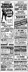 Vintage 1922 newspaper advertisement for multiple theatres in Boston including Boston Theatre, Colonial Theatre, Fenway Theatre, Franklin Park Theatre, Hollis Theatre, B.F. Keith's Theatre, Lancaster Theatre, Modern & Beacon Theatre, Park Theatre, Shubert Boston Opera House, Symphony Hall, Tremont Temple, and Wilbur Theatre