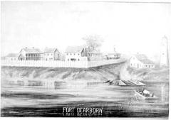 Painting of Fort Dearborn from the north in 1816