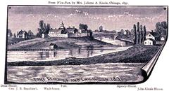 Historical engraving of Fort Dearborn and Chicago in 1831 showing Fort Dearborn, Kinzie House, and the Chicago River with inaccurate elevation and river details
