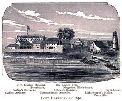 Fort Dearborn in 1850 from a daguerreotype by Polycarpus von Schneidau showing the south front of the fort with Lake House, ferry landing, block-house, officers' quarters, parade ground, and white-washed fence.