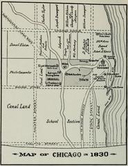 Historical map showing Chicago in 1830 with early city layout and landmarks
