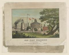 Old Fort Dearborn with surrounding landscape in 1856 hand-colored lithograph