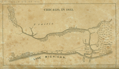 Retrospective map of Chicago in 1812 showing topography and early settlements with north to the right