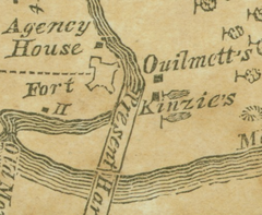 Historical map of Chicago in 1812 showing the early layout and surroundings with north oriented to the right