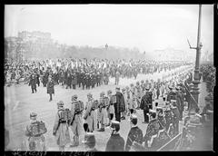 Funeral ceremony of André Maginot with veterans flags on the Esplanade des Invalides in Paris