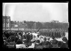 Military funeral procession at Esplanade des Invalides in Paris for Stanislas Naulin (1870-1932) with coffin and soldiers