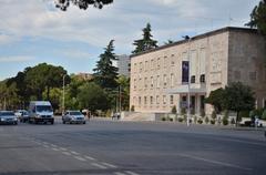 A vibrant cityscape view of Tirana in July 2017 with colorful buildings and bustling streets