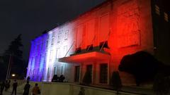 Government building in Tirana, Albania showing solidarity with France