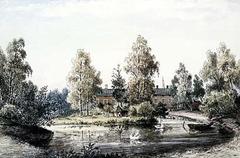 Swan pond in Kaisaniemi with Wilhelmsbad bath building in the background