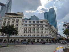 Hotel Majestic building in District 1 Saigon with classic architecture under blue sky