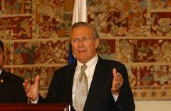 Secretary of Defense Donald H. Rumsfeld speaking at press conference in Panama City in 2004