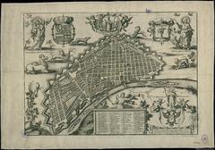 Ancient engraved map of Lima, Peru, circa 1688, showing city walls and layout