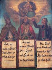 Illustration of the three estates in Tirol around 1800 depicting clergy, nobility, and commoners with symbolic inscriptions