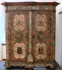 Linzer Reiterkasten wooden painted box from 1793 with depiction of Joseph II and Frederick the Great