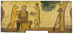 Historical engraving of a fox chasing a hunter with a spear from 1869
