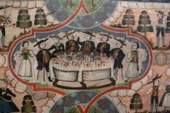 Painted softwood Aufsatzbett from 1781 depicting a wedding feast at the foot end