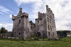 Menlough Castle ruins with visible fire damage in the suburbs of Galway town, Ireland