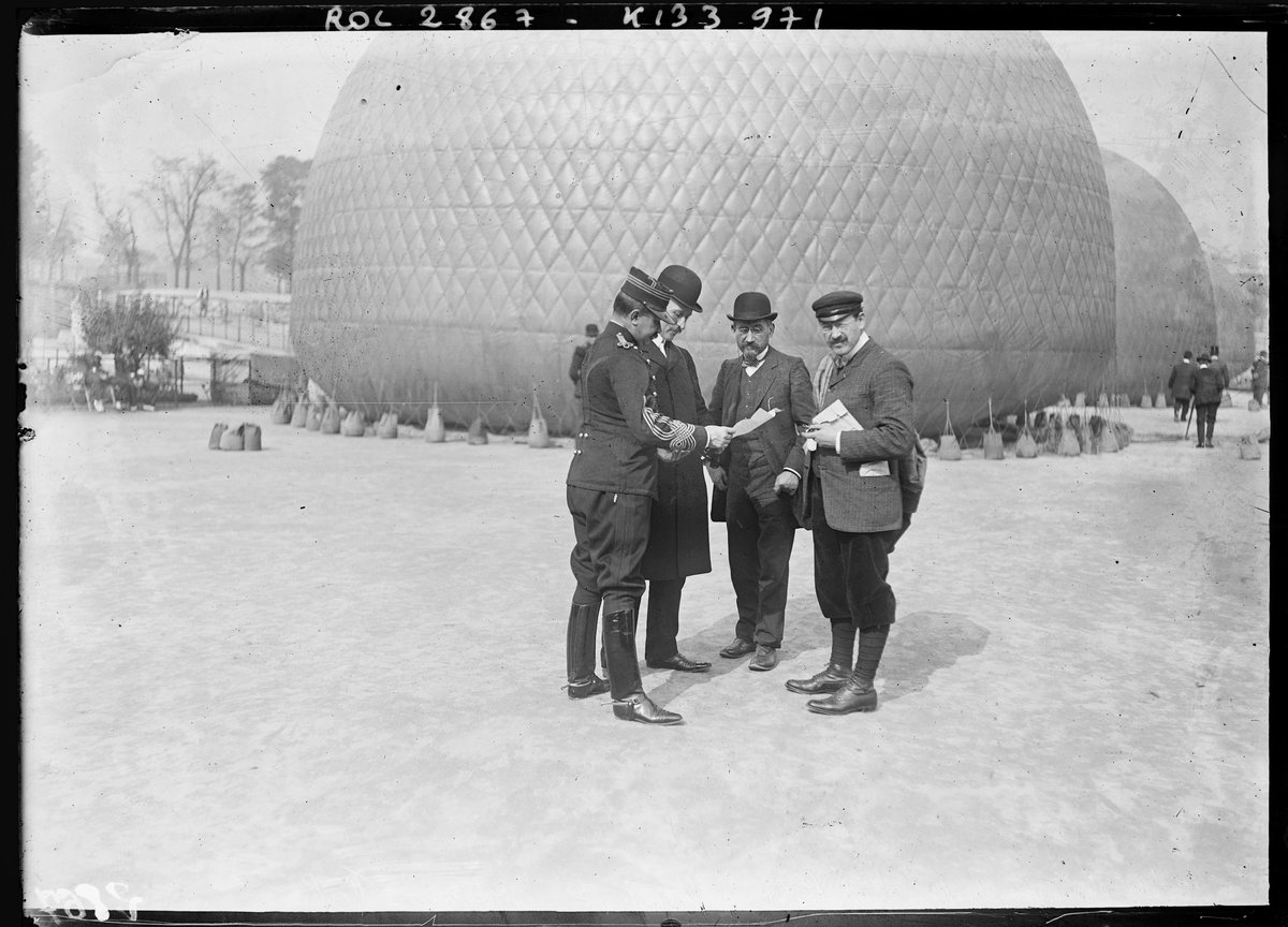 A group portrait of early 20th century aeronauts Joseph Jaubert, Georges Blanchet, Captain Ferdinand Ferber, and Henry Kapferer at the Tuileries Garden during the Grand Prix of the Aero Club on September 29, 1907