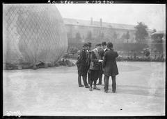 Group portrait of five early 20th century French aeronauts: Jaubert, Ferber, Blanchet, Kapferer, and Surcouf, posed in the Tuileries Garden during the Grand Prix de l'Aéro-club balloon race, September 29, 1907