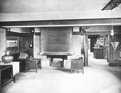 Interior view of Frank Lloyd Wright Home and Studio showing wooden architectural elements and workspace