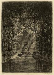 Etching of the Fontaine Médicis in Jardin du Luxembourg Paris by Alfred Alexandre Delauney, 1868-1869