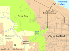 Map of Balch Creek in Portland Oregon showing Forest Park and city boundaries with storm sewer route