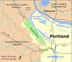 Map showing location of Forest Park in Portland Oregon with adjacent Washington Park in lighter green