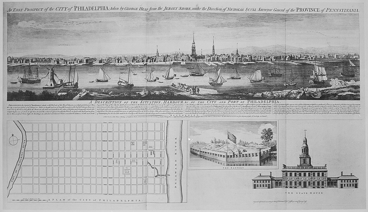 Historical panoramic engraving of Philadelphia city from 1768 showing detailed early cityscape and waterfront
