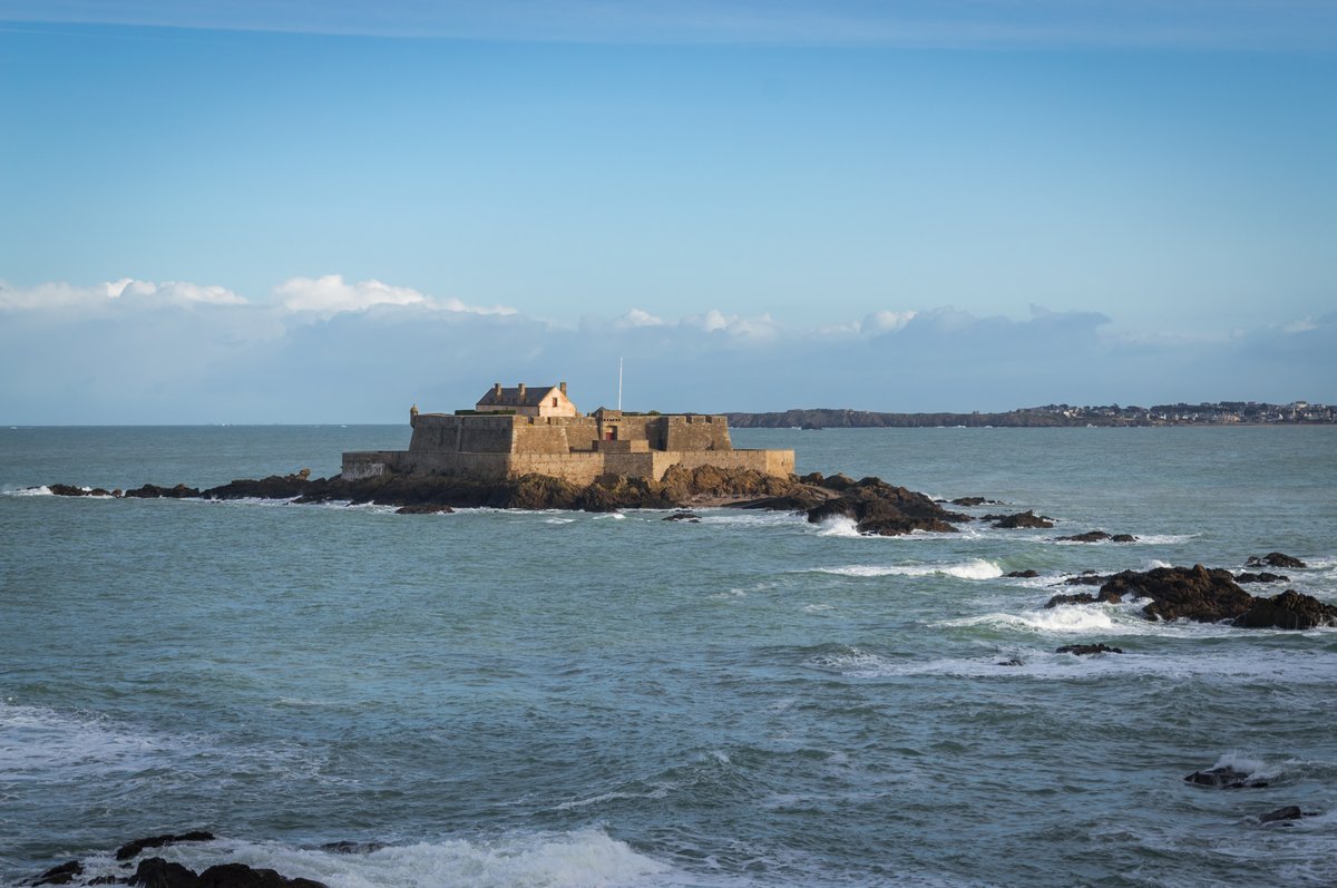Saint-Malo Fort National viewed from the ramparts of the walled city in January 2025