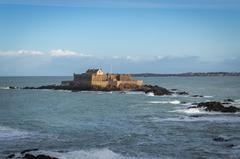 Saint-Malo Fort National viewed from the ramparts of the walled city in January 2025