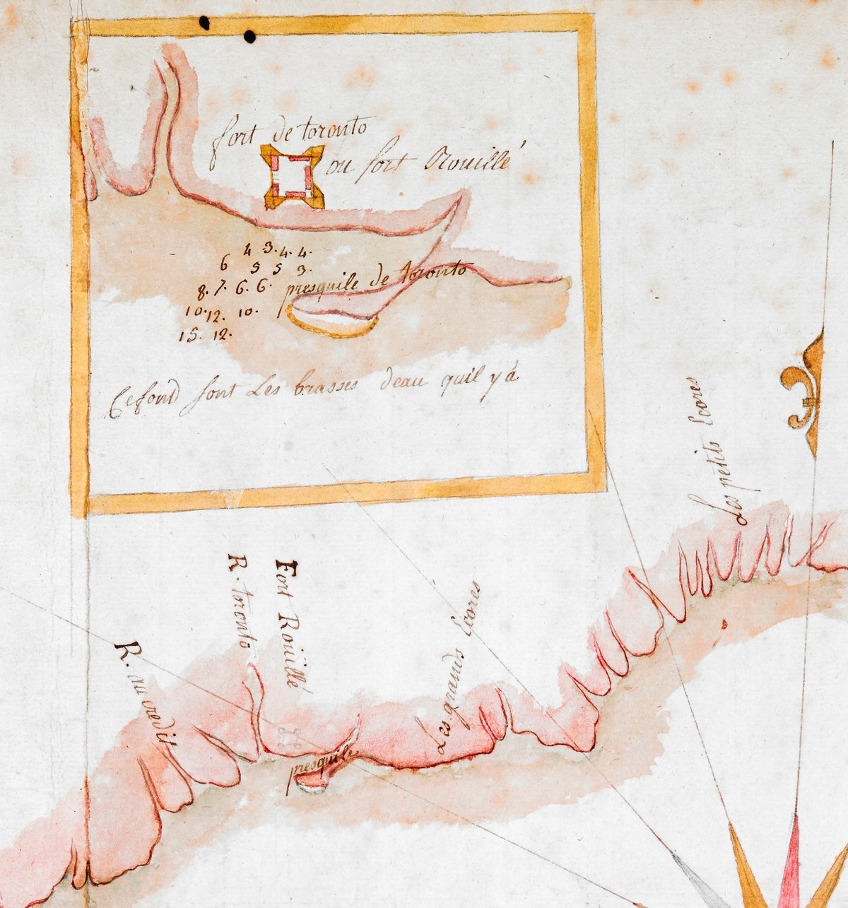 Historical map showing new plan of Lake Ontario with detail of Fort Toronto