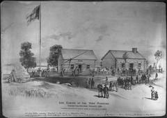 Historic view of transplanted Scadding log cabin, Lorne Cabin and Fort Rouille cairn