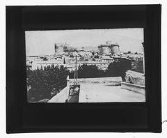 View of Fort Saint-André overlooking Villeneuve-lès-Avignon with street and buildings in foreground