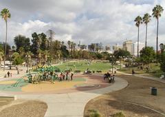Playground and soccer fields at MacArthur Park north of Wilshire Boulevard viewed from the west