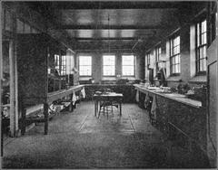General laboratory work-room of the Comparative Pathology laboratory at the Zoological Society of Philadelphia with vintage scientific equipment and workspace