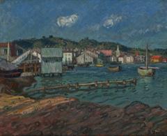 Painting Le Port de Martigues by Raoul Dufy showing a colorful harbor scene with boats and buildings