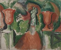 Painting of a statue with two red vases by Raoul Dufy