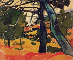 Pinède à Cassis Landscape painting by André Derain, 1907, showing pine trees near Cassis in vivid Fauvist style
