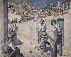 Outdoor scene of people playing boules in Marseille, painted by Augustin Carrera